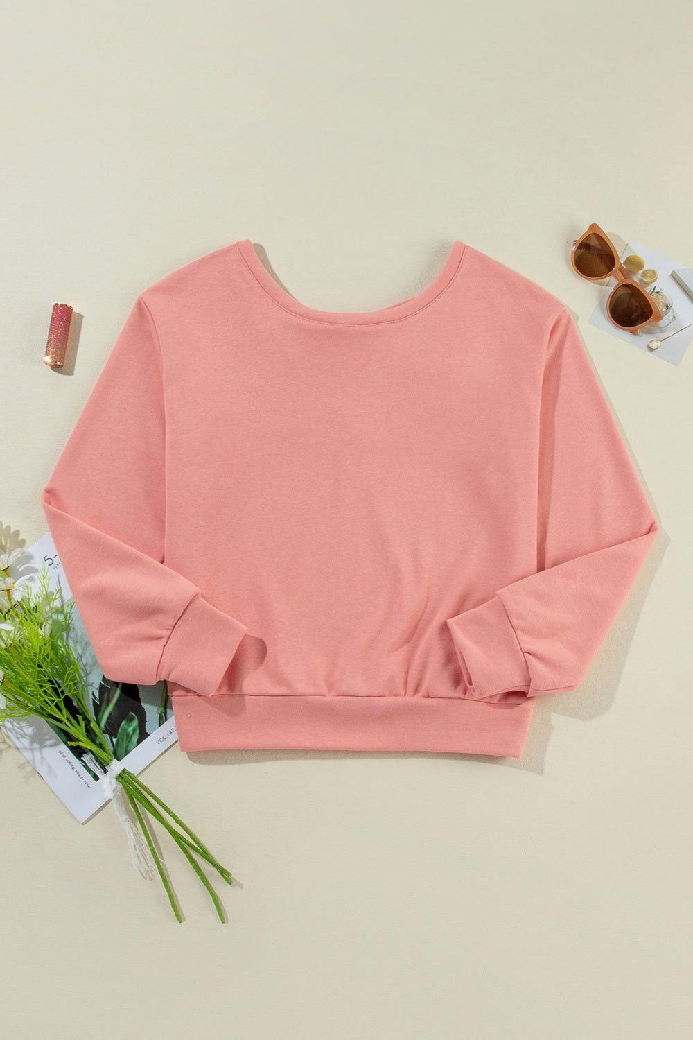 Bow Round Neck Long Sleeve Sweatshirt - Clothes For Her Online Store