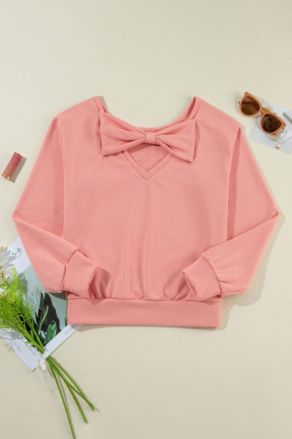 Bow Round Neck Long Sleeve Sweatshirt - Clothes For Her Online Store