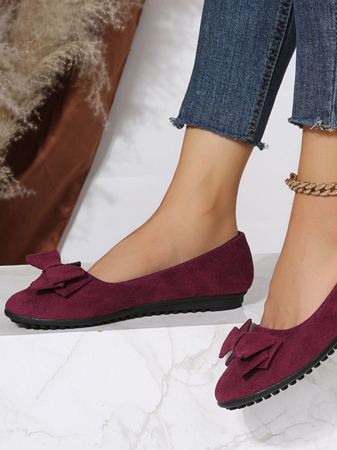Bow Solid Color Round Toe Flat Slip-Ons - Clothes For Her Online Store