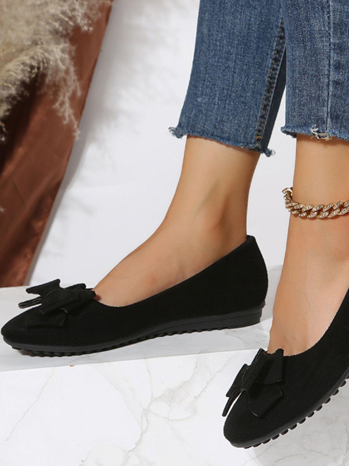 Bow Solid Color Round Toe Flat Slip-Ons - Clothes For Her Online Store