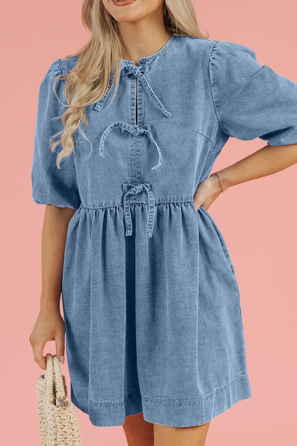 Bowknot Round Neck Half Sleeve Denim Dress - Clothes For Her Online Store