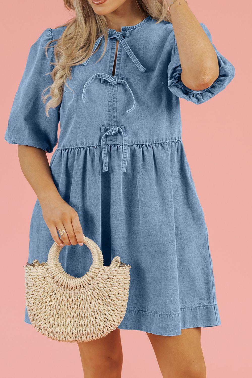 Bowknot Round Neck Half Sleeve Denim Dress - Clothes For Her Online Store