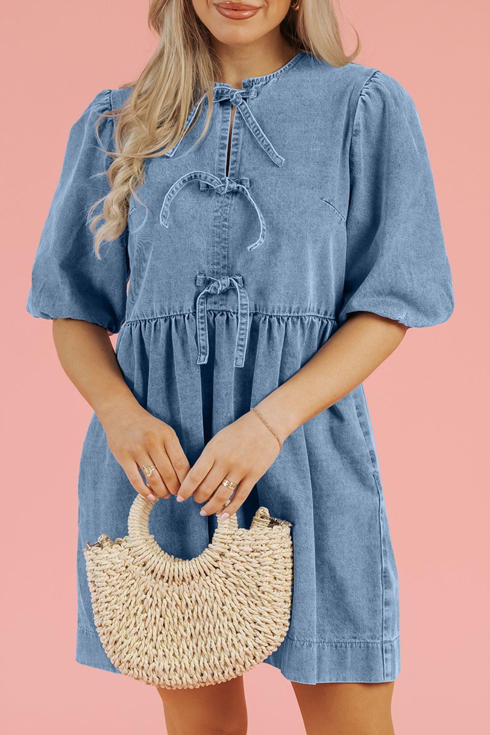 Bowknot Round Neck Half Sleeve Denim Dress - Clothes For Her Online Store
