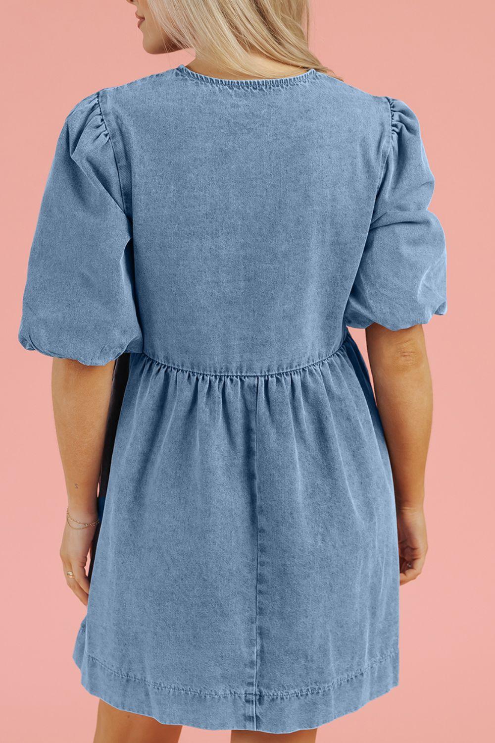 Bowknot Round Neck Half Sleeve Denim Dress - Clothes For Her Online Store