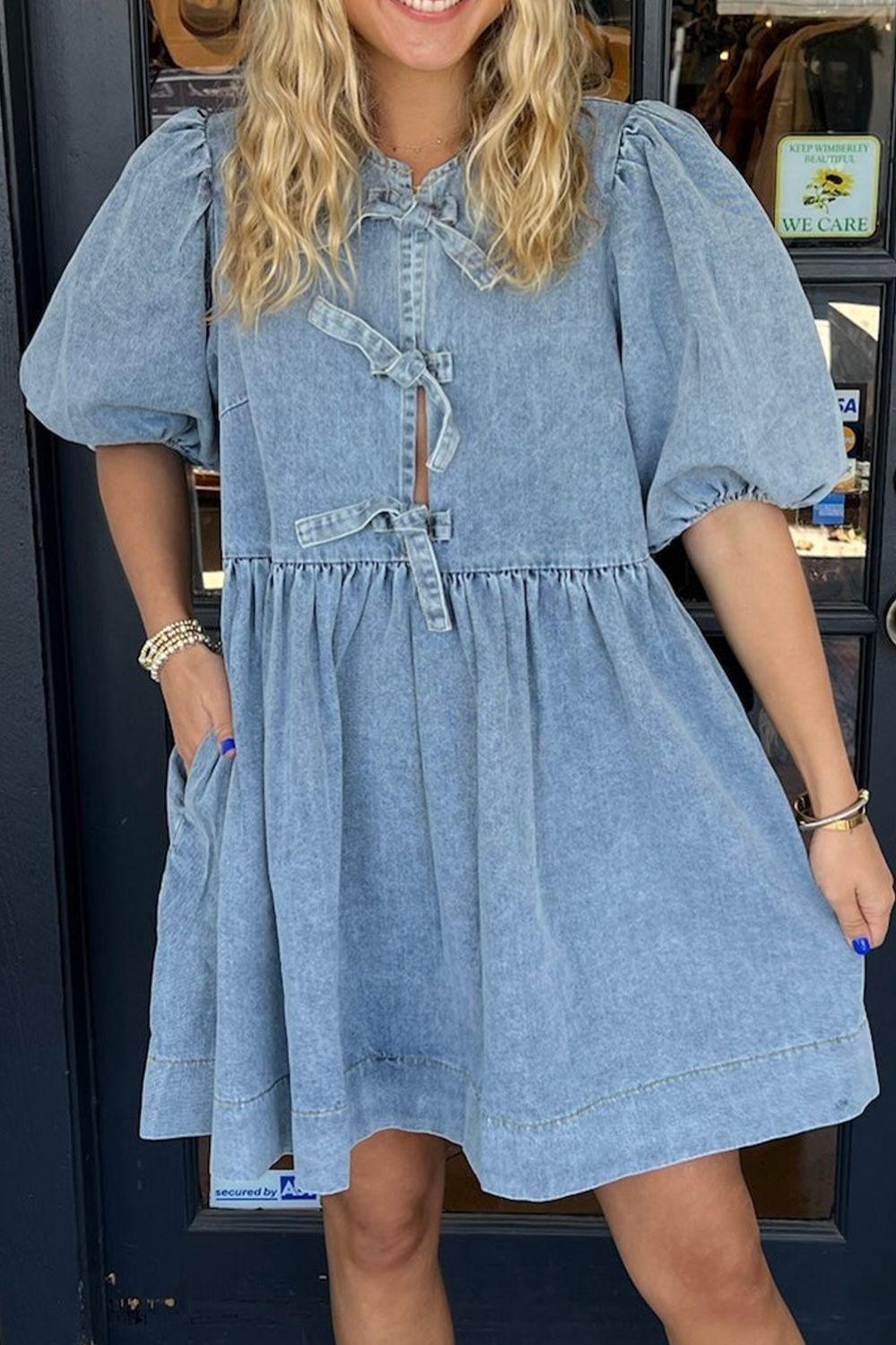 Bowknot Round Neck Half Sleeve Denim Dress - Clothes For Her Online Store