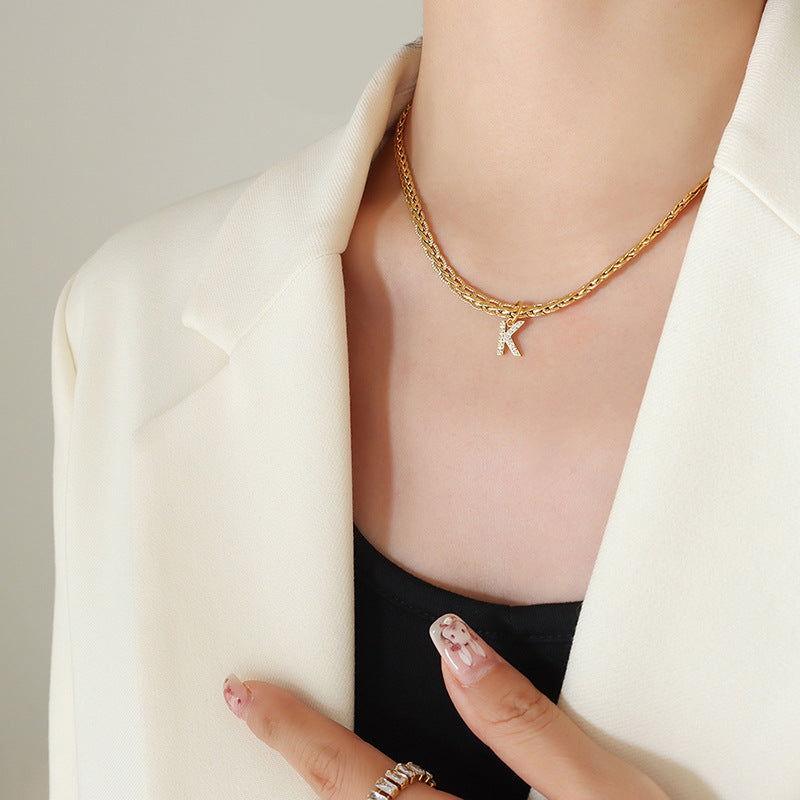 Brass Inlaid Zircon Letter Pendant Necklace - Clothes For Her Online Store