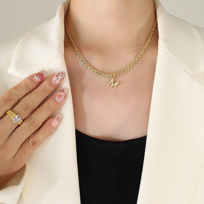 Brass Inlaid Zircon Letter Pendant Necklace - Clothes For Her Online Store