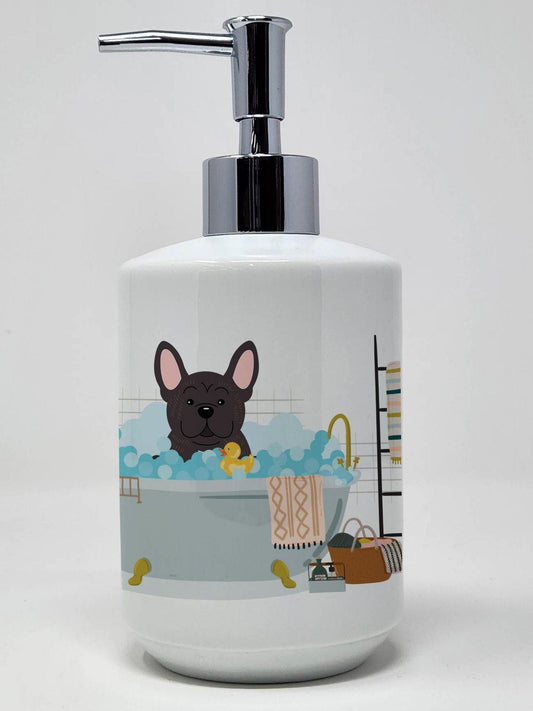 Brindle French Bulldog in Bathtub Ceramic Soap Dispenser Hand Soap Dispenser Pump Bottles for Bathroom Kitchen, Empty Refillable Liquid Soap Container