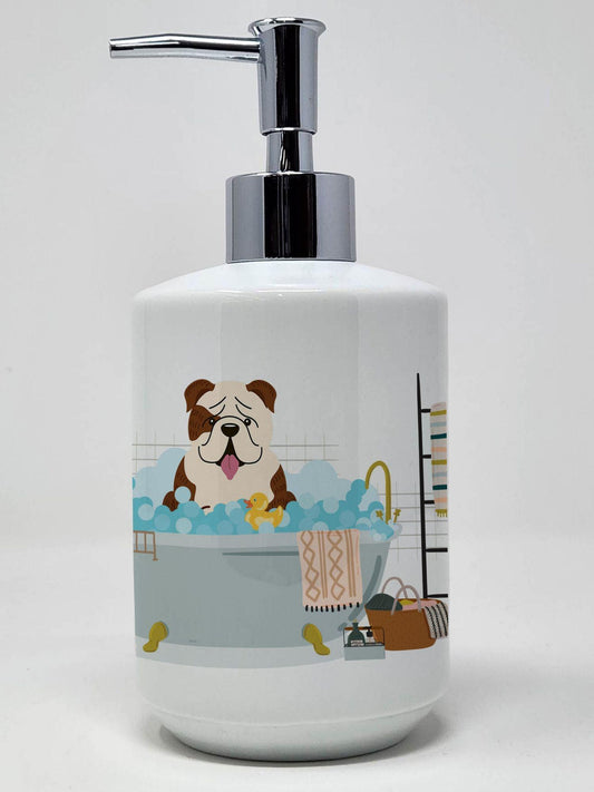 Brindle White English Bulldog in Bathtub Ceramic Soap Dispenser Hand Soap Dispenser Pump Bottles for Bathroom Kitchen, Empty Refillable Liquid Soap Container