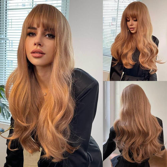 Brown Copper Ginger Long Straight Synthetic Wigs for Women Natural Wave Wigs with Bangs Heat Resistant Cosplay Hair - Clothes For Her Online Store