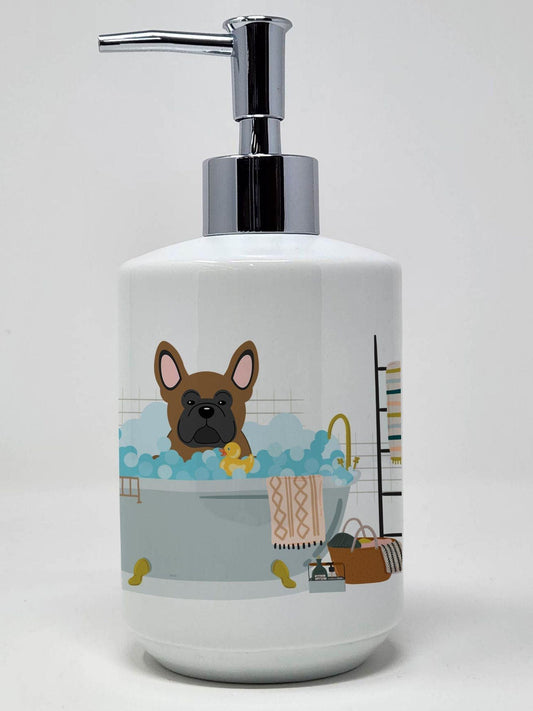 Brown French Bulldog in Bathtub Ceramic Soap Dispenser Hand Soap Dispenser Pump Bottles for Bathroom Kitchen, Empty Refillable Liquid Soap Container