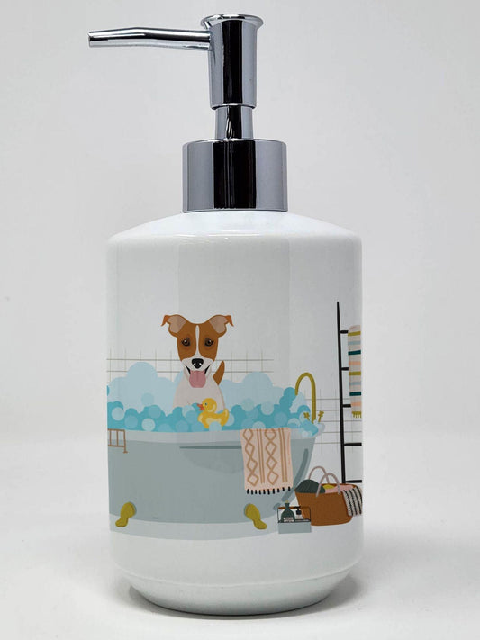 Brown White Smooth Jack Russell Terrier Ceramic Soap Dispenser Hand Soap Dispenser Pump Bottles for Bathroom Kitchen, Empty Refillable Liquid Soap Container