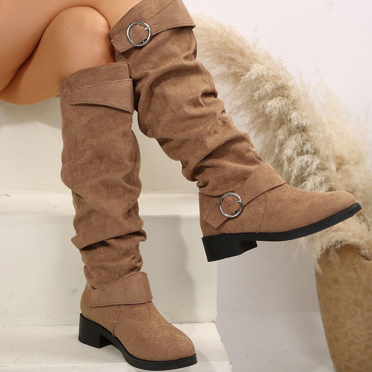 Buckle Round Toe Block Heel Boots - Clothes For Her Online Store