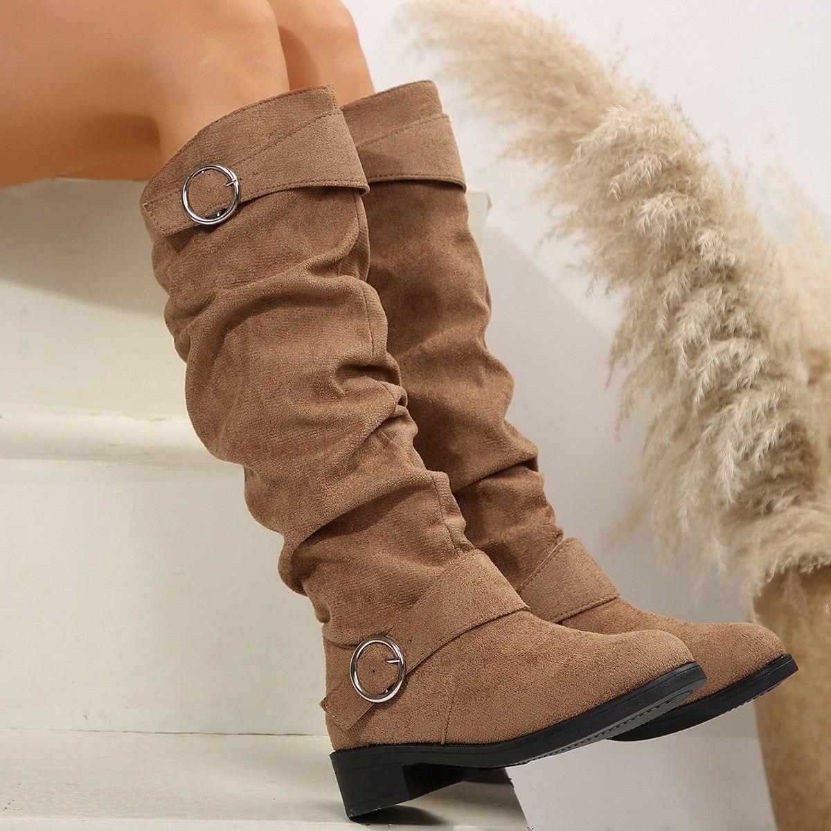 Buckle Round Toe Block Heel Boots - Clothes For Her Online Store