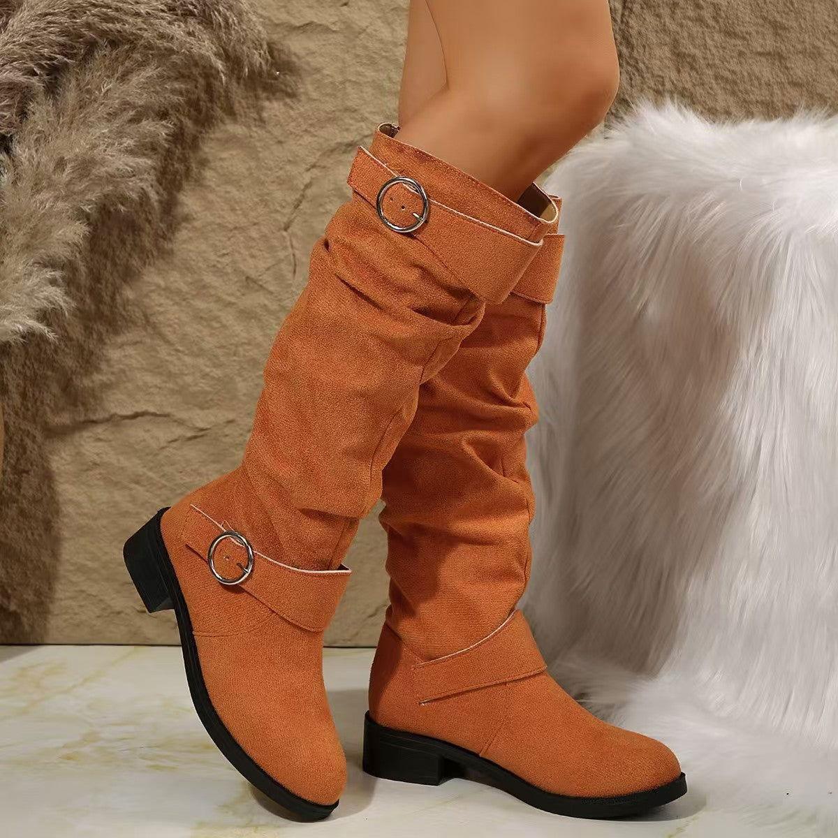 Buckle Round Toe Block Heel Boots - Clothes For Her Online Store