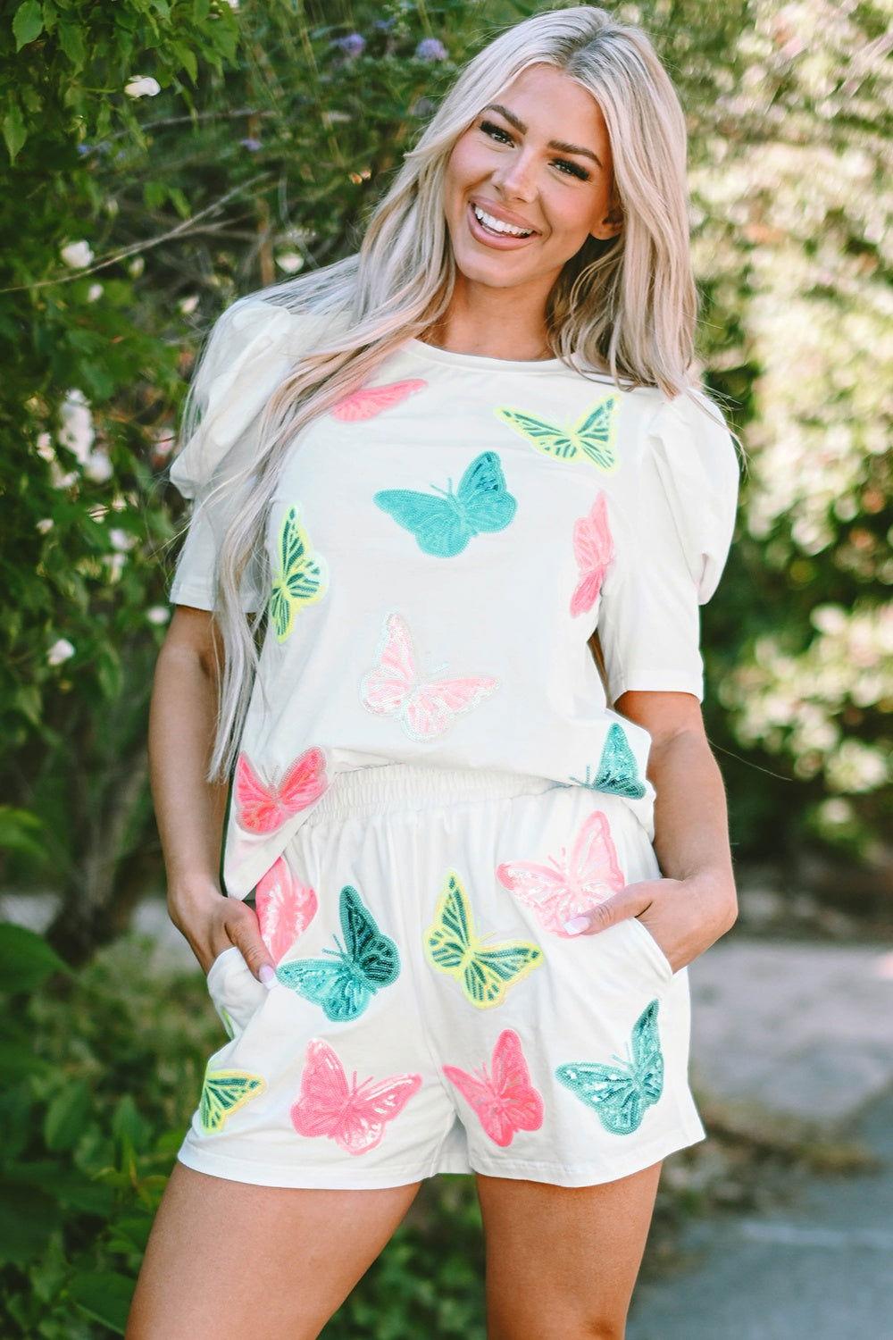 Butterfly Round Neck Top and Shorts Set - Clothes For Her Online Store