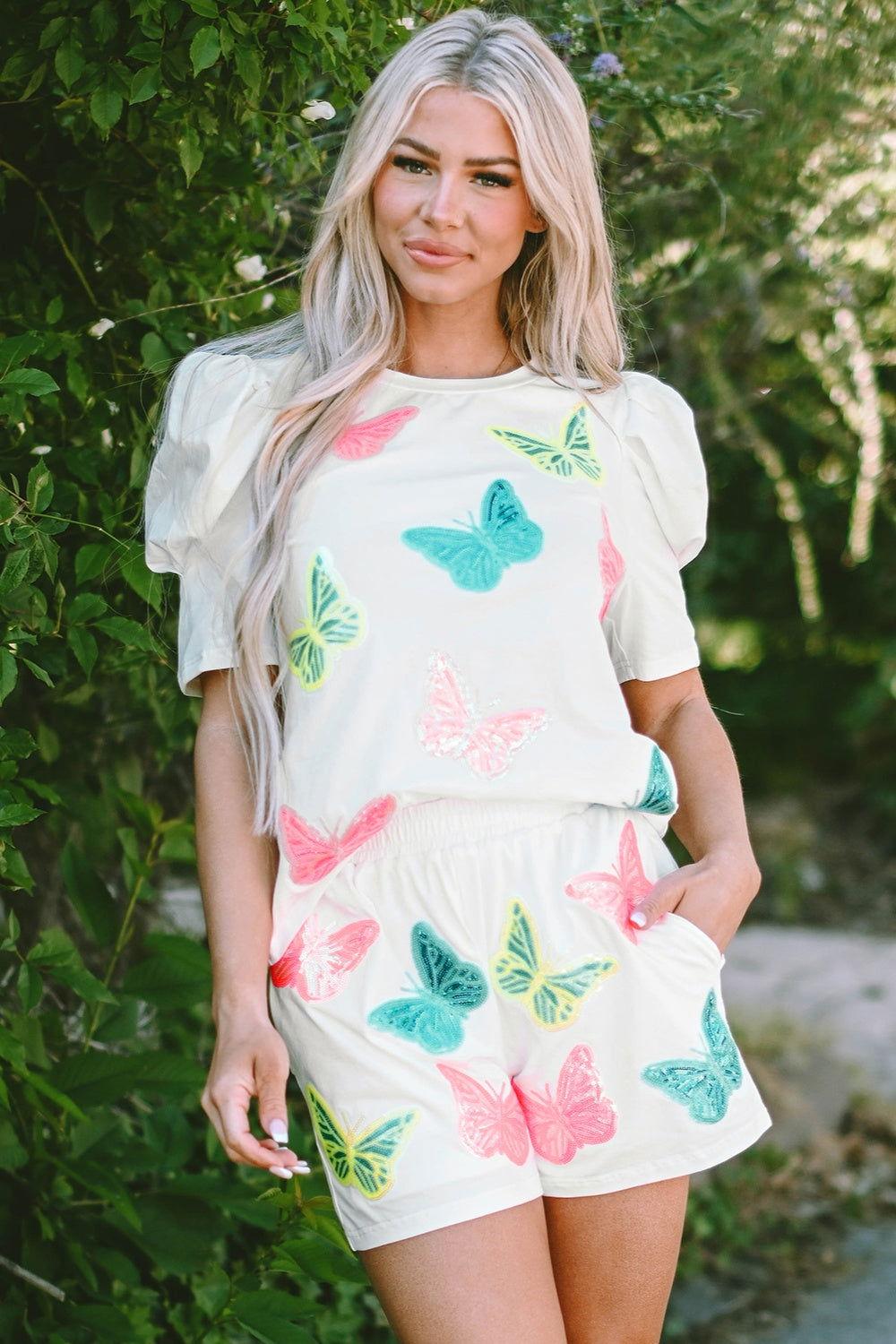 Butterfly Round Neck Top and Shorts Set - Clothes For Her Online Store