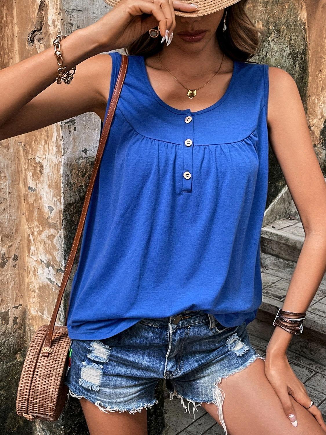 Button Detail Round Neck Tank - Clothes For Her Online Store