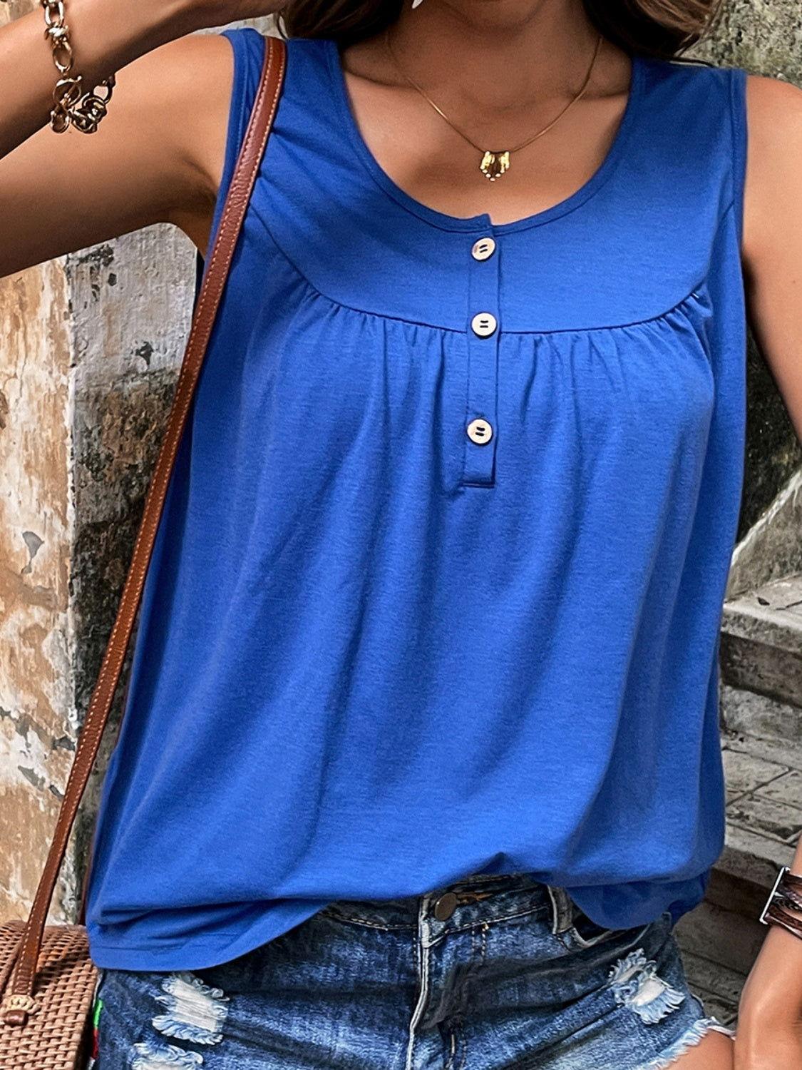 Button Detail Round Neck Tank - Clothes For Her Online Store