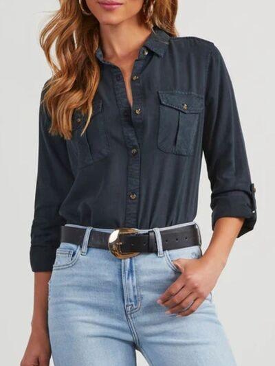 Button Down Collared Neck Denim Top - Clothes For Her Online Store