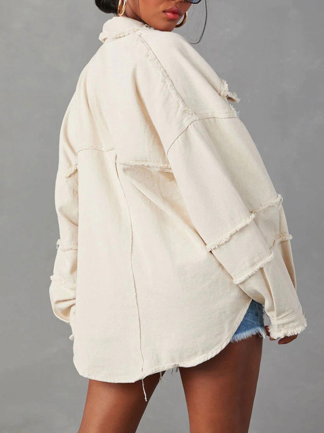 Button Down Raw Hem Denim Jacket - Clothes For Her Online Store