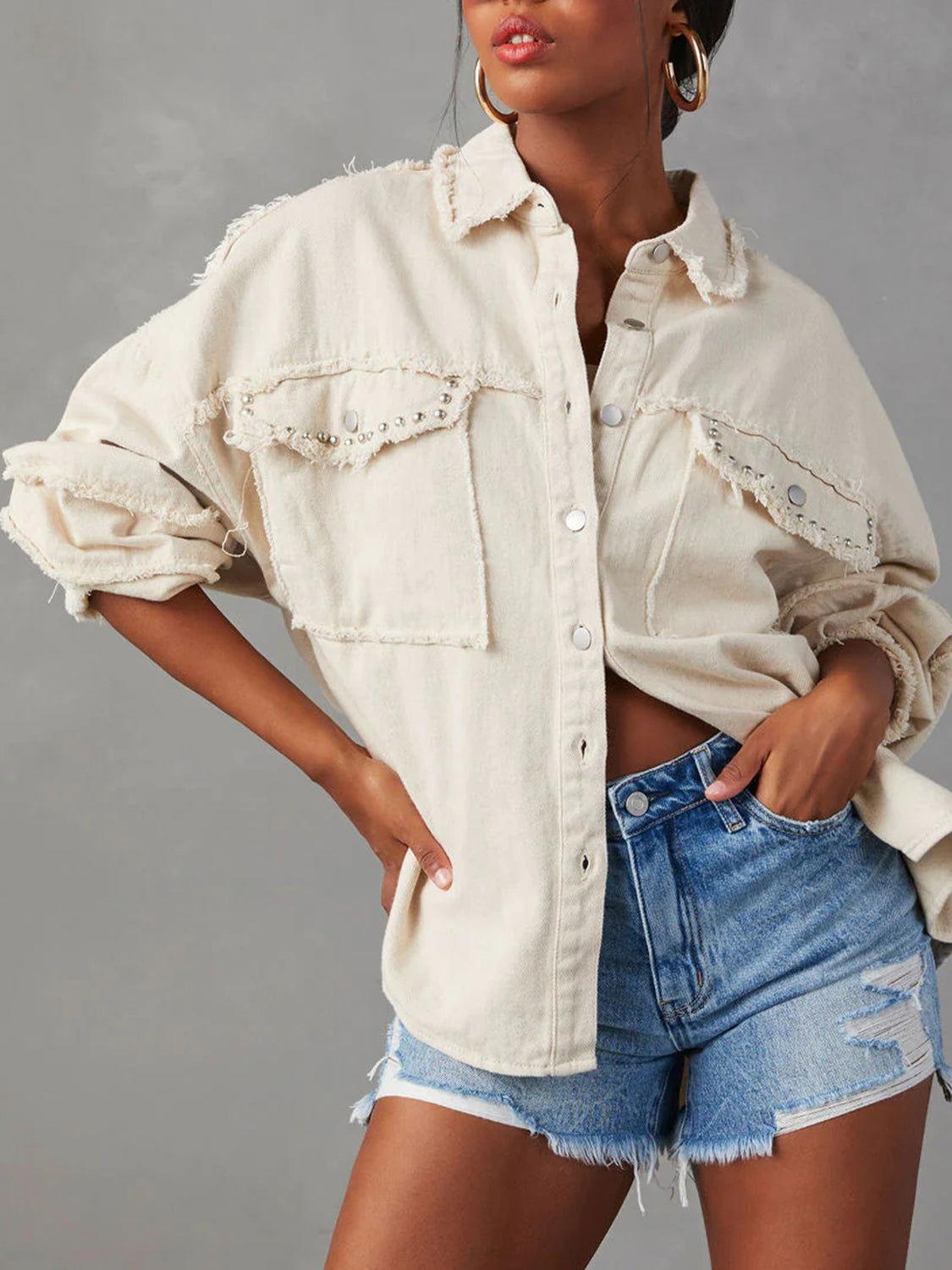 Button Down Raw Hem Denim Jacket - Clothes For Her Online Store