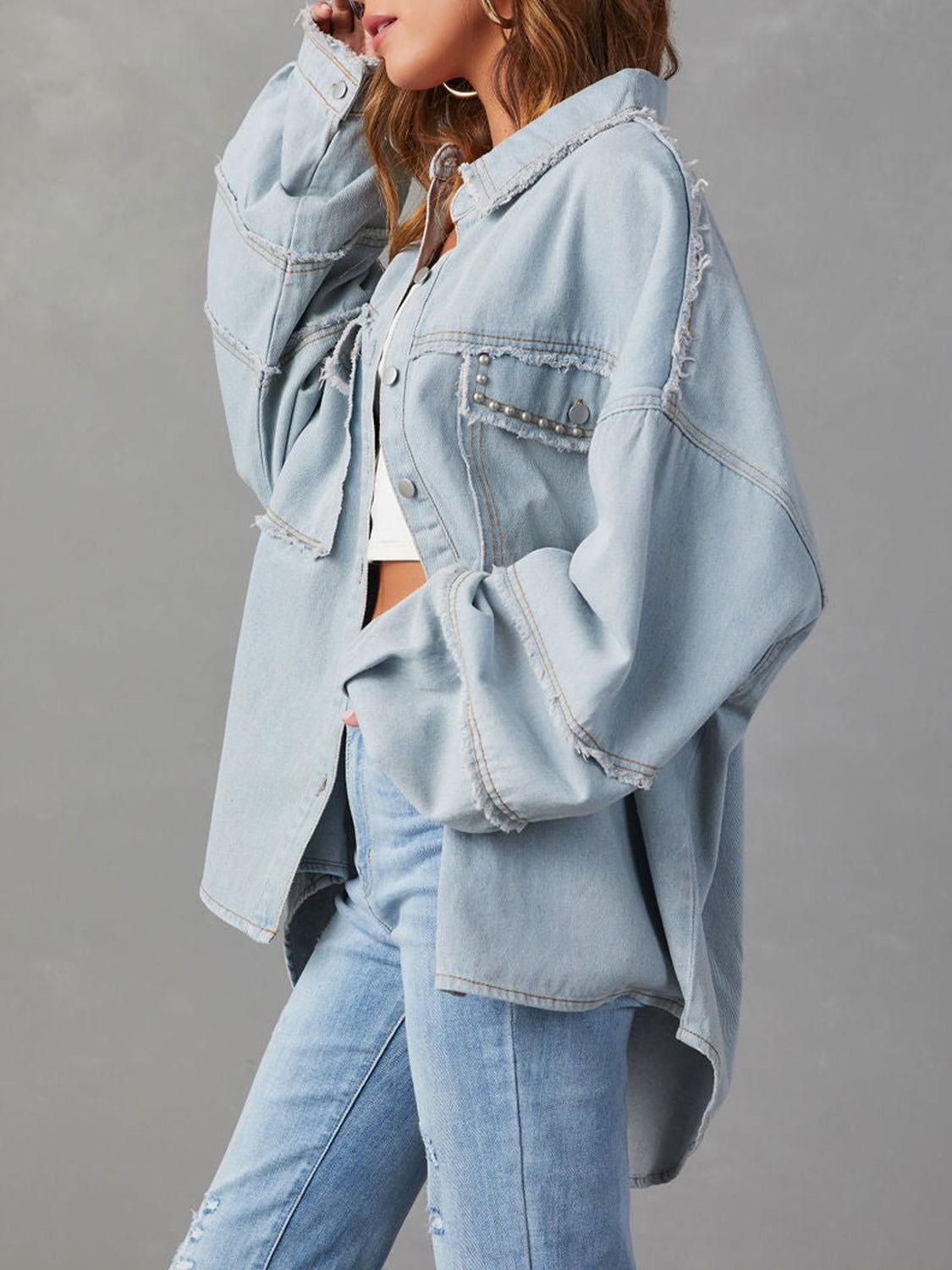 Button Down Raw Hem Denim Jacket - Clothes For Her Online Store