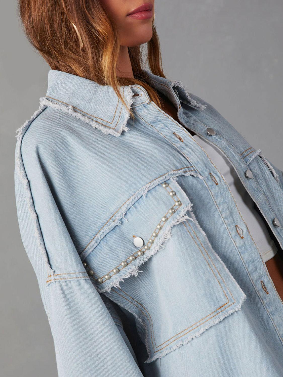 Button Down Raw Hem Denim Jacket - Clothes For Her Online Store