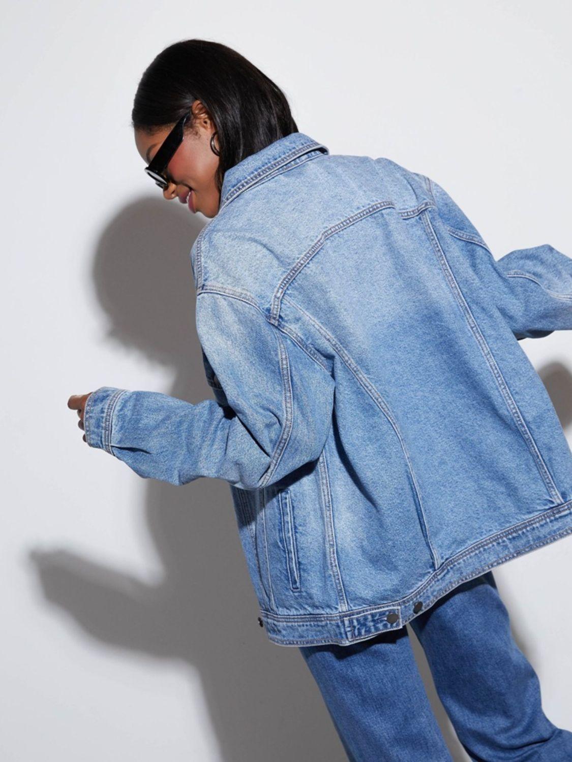 Button Up Collared Neck Denim Jacket - Clothes For Her Online Store
