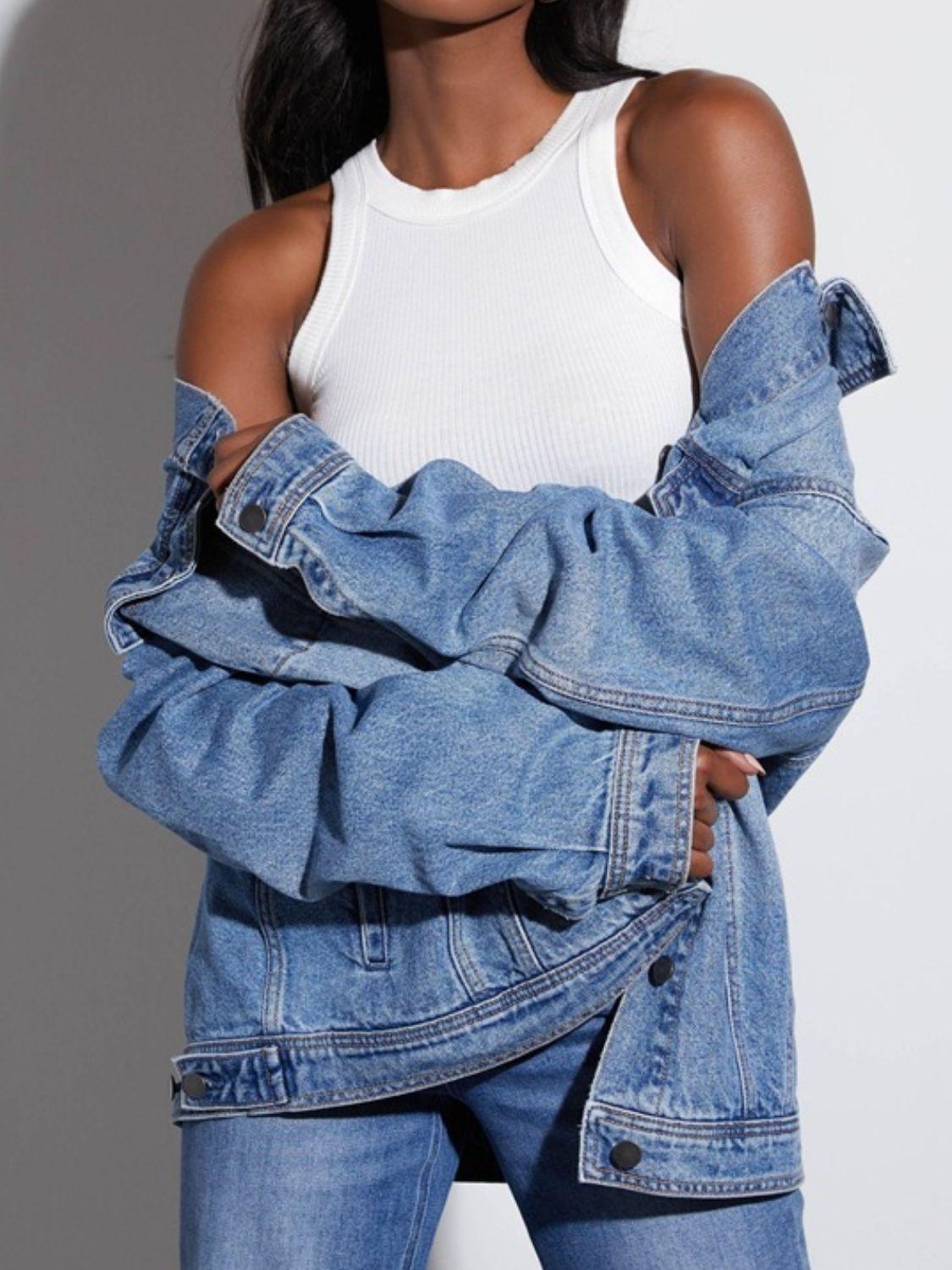 Button Up Collared Neck Denim Jacket - Clothes For Her Online Store
