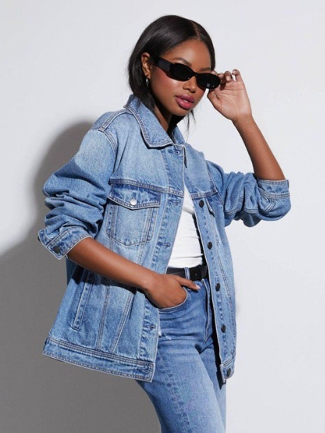 Button Up Collared Neck Denim Jacket - Clothes For Her Online Store