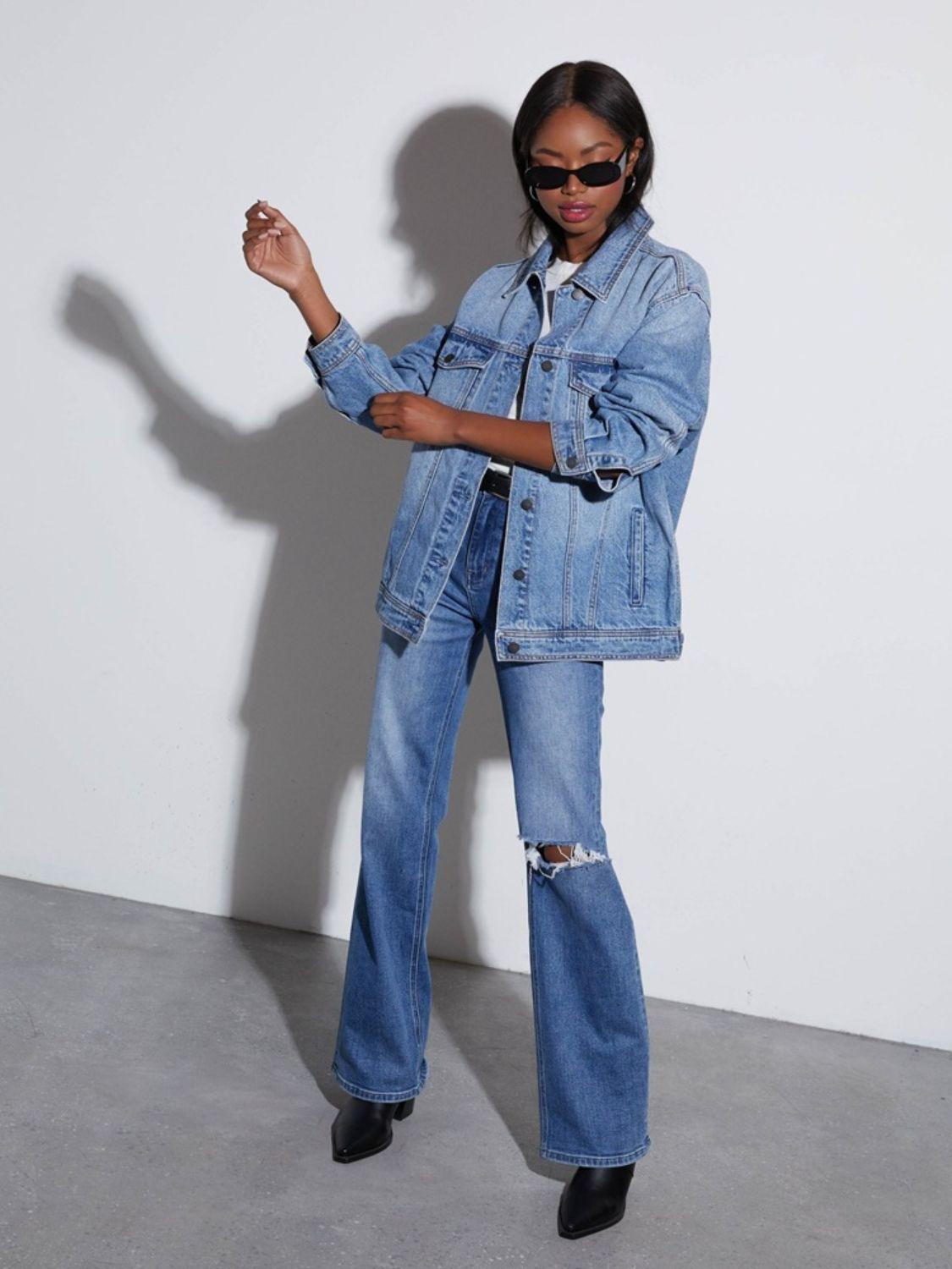 Button Up Collared Neck Denim Jacket - Clothes For Her Online Store