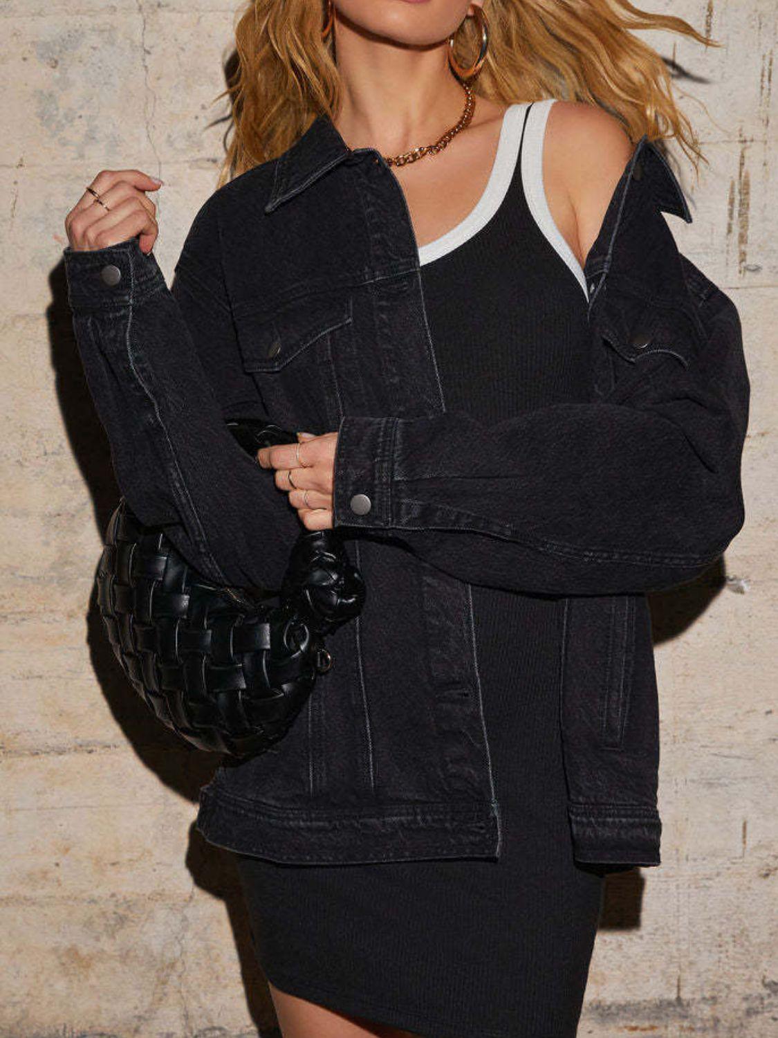 Button Up Collared Neck Denim Jacket - Clothes For Her Online Store