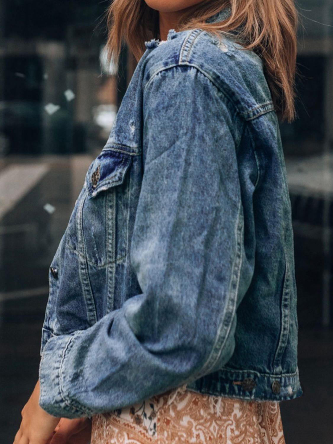 Button Up Collared Neck Distressed Denim Jacket - Clothes For Her Online Store