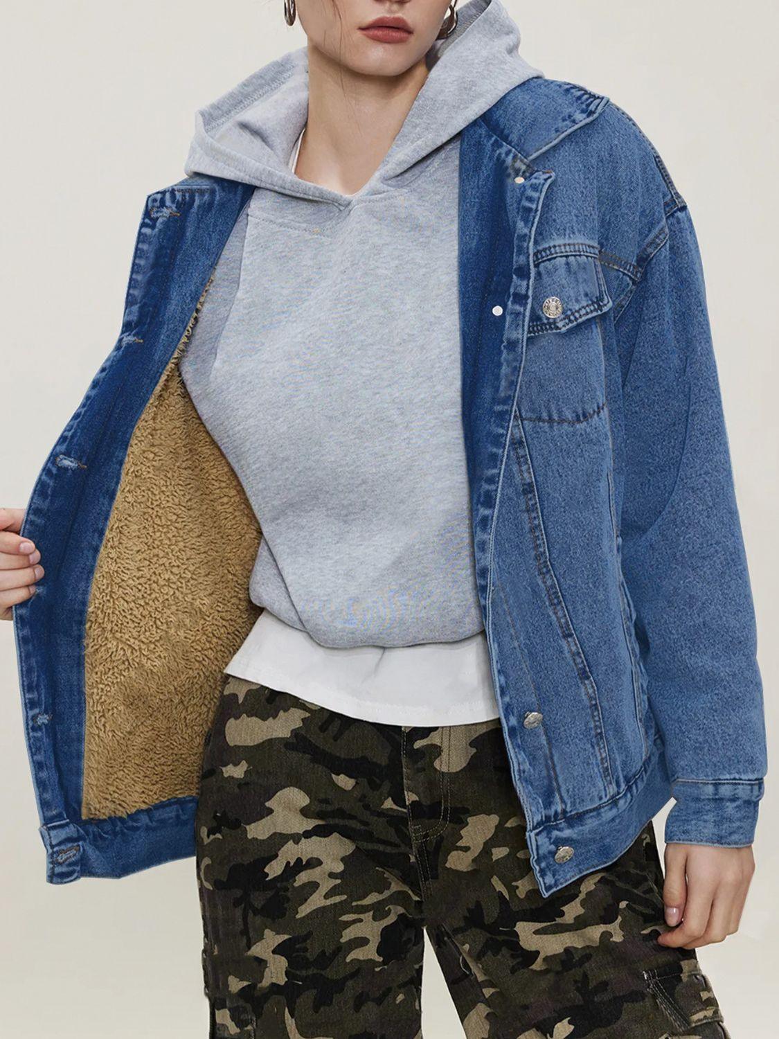 Button Up Collared Neck Long Sleeve Denim Jacket - Clothes For Her Online Store