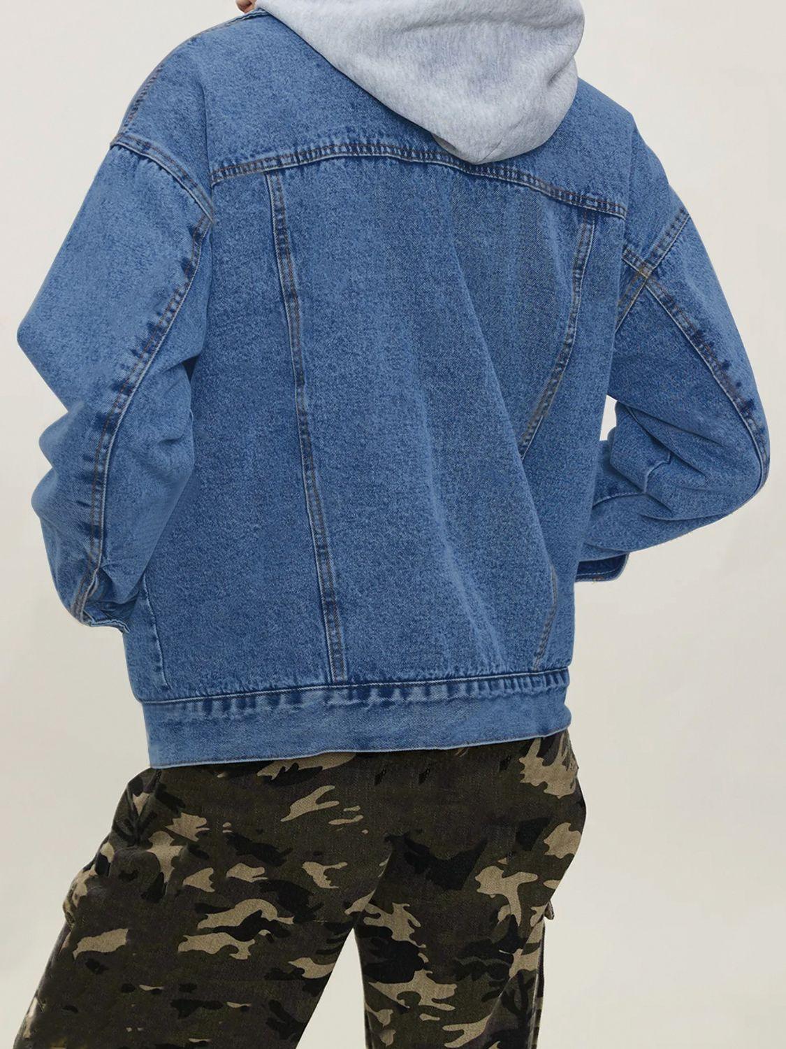 Button Up Collared Neck Long Sleeve Denim Jacket - Clothes For Her Online Store