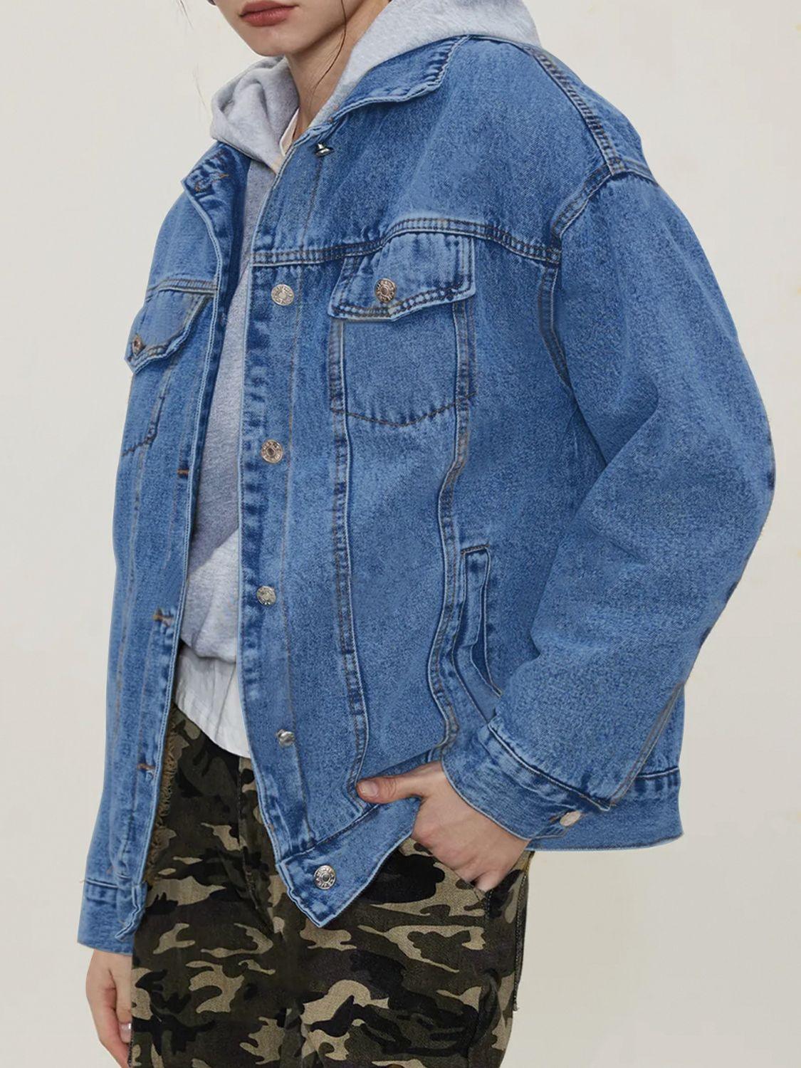 Button Up Collared Neck Long Sleeve Denim Jacket - Clothes For Her Online Store