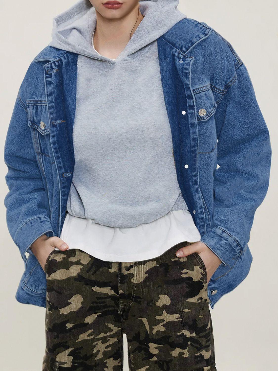 Button Up Collared Neck Long Sleeve Denim Jacket - Clothes For Her Online Store