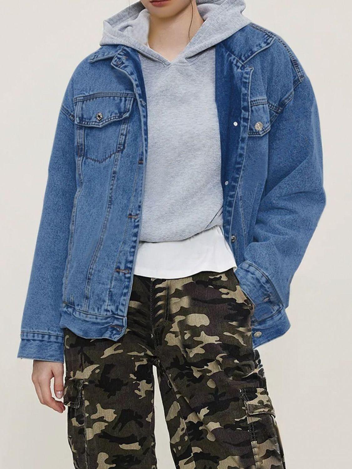 Button Up Collared Neck Long Sleeve Denim Jacket - Clothes For Her Online Store