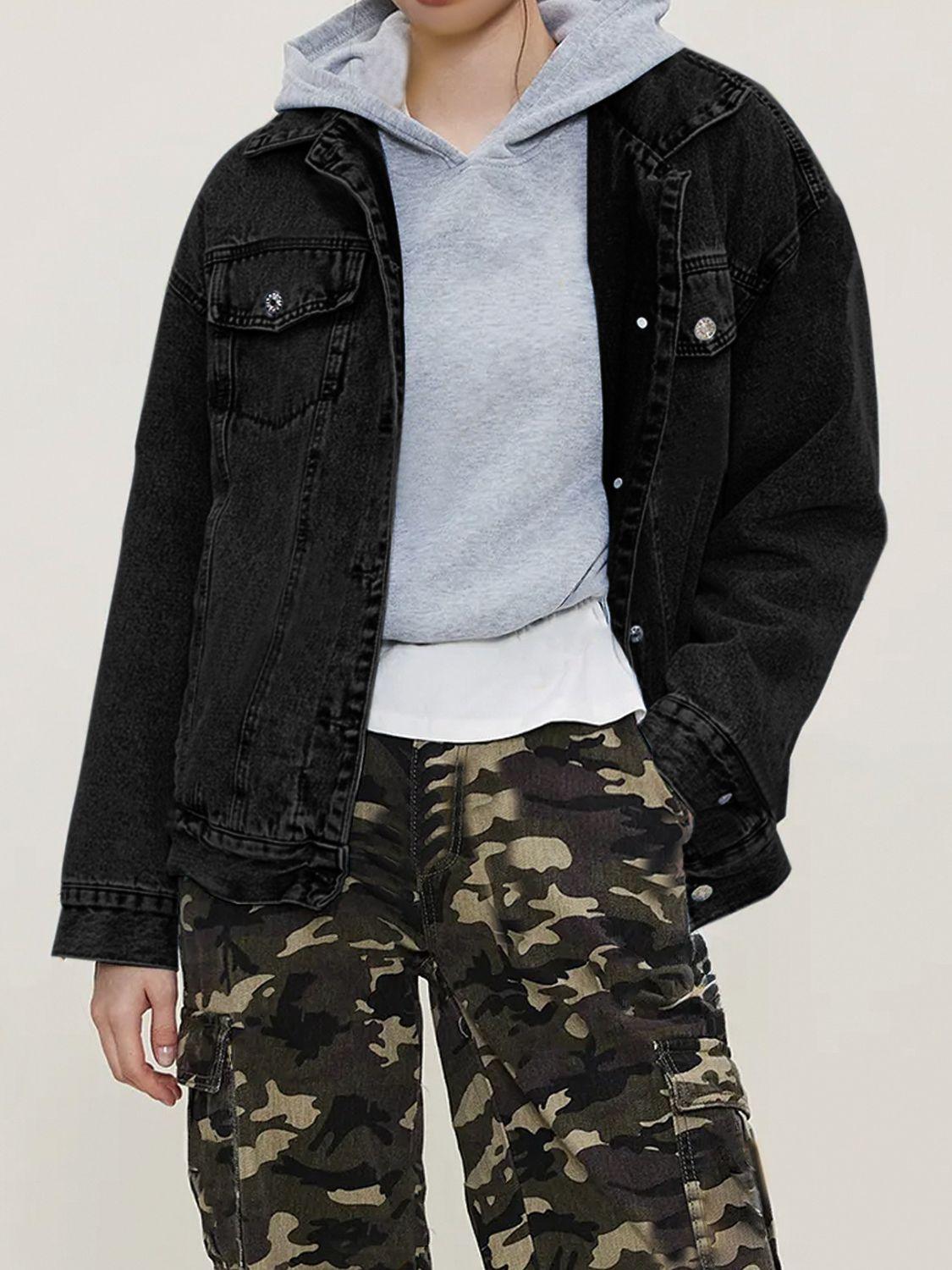 Button Up Collared Neck Long Sleeve Denim Jacket - Clothes For Her Online Store