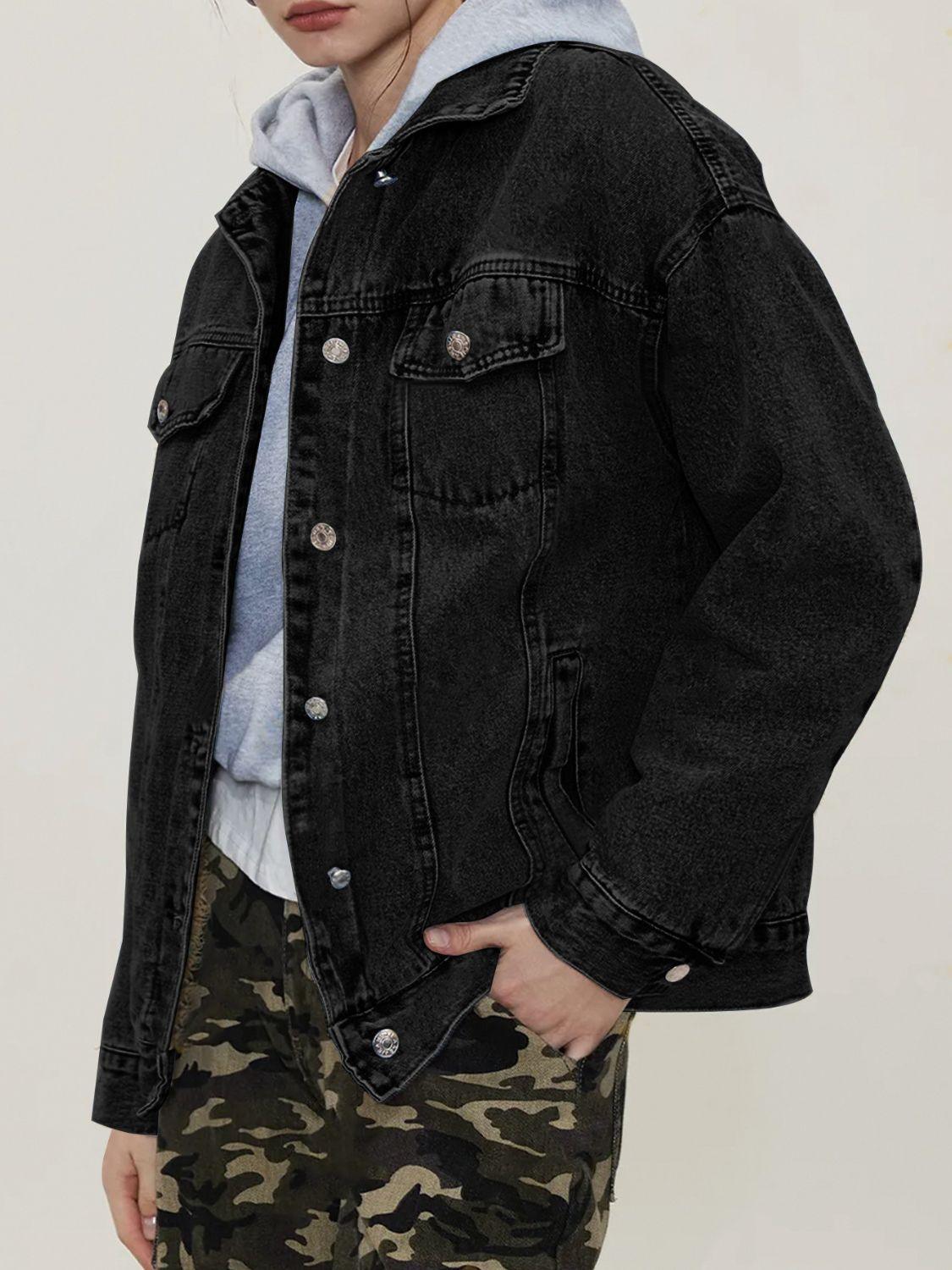 Button Up Collared Neck Long Sleeve Denim Jacket - Clothes For Her Online Store