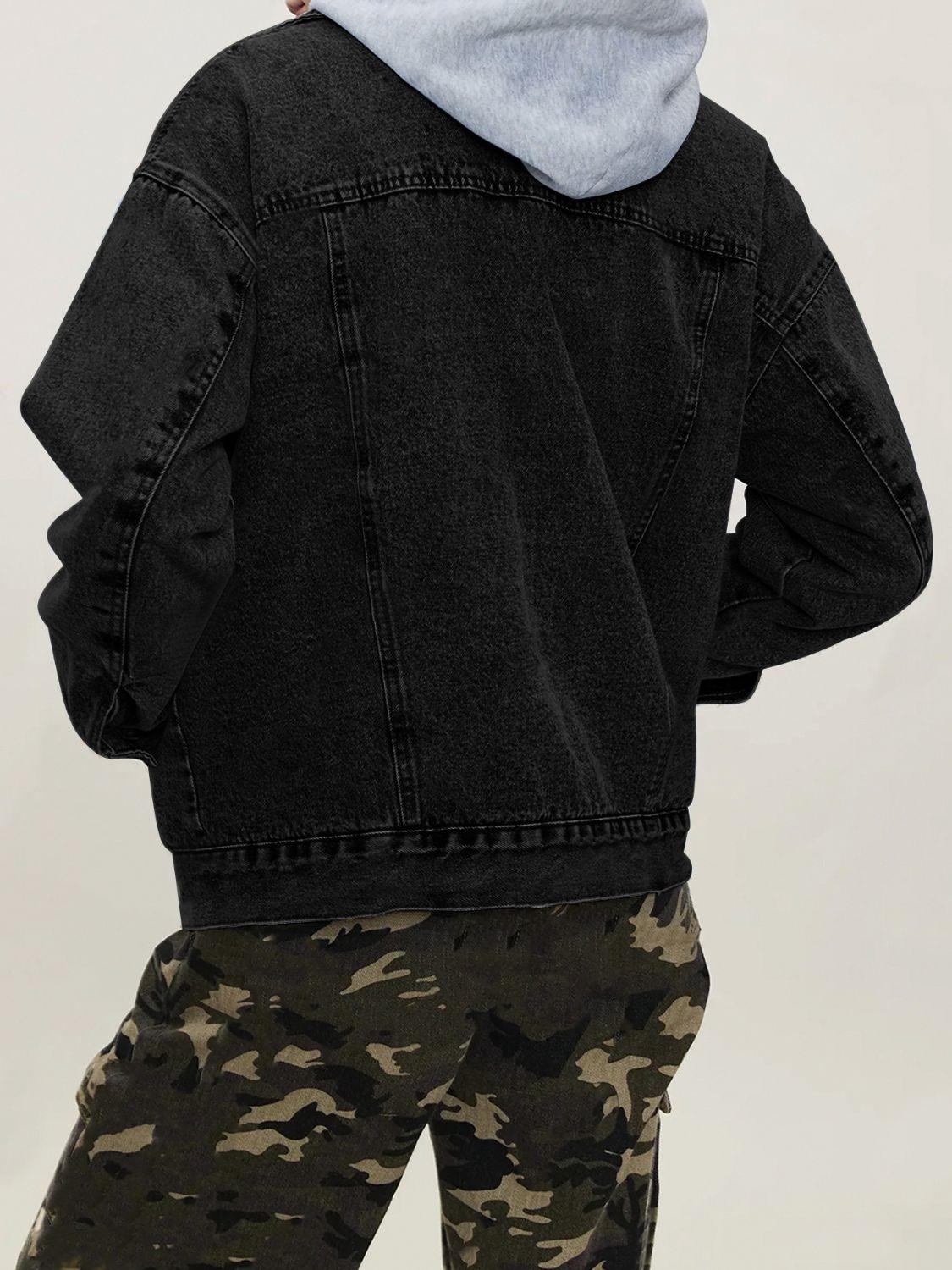Button Up Collared Neck Long Sleeve Denim Jacket - Clothes For Her Online Store