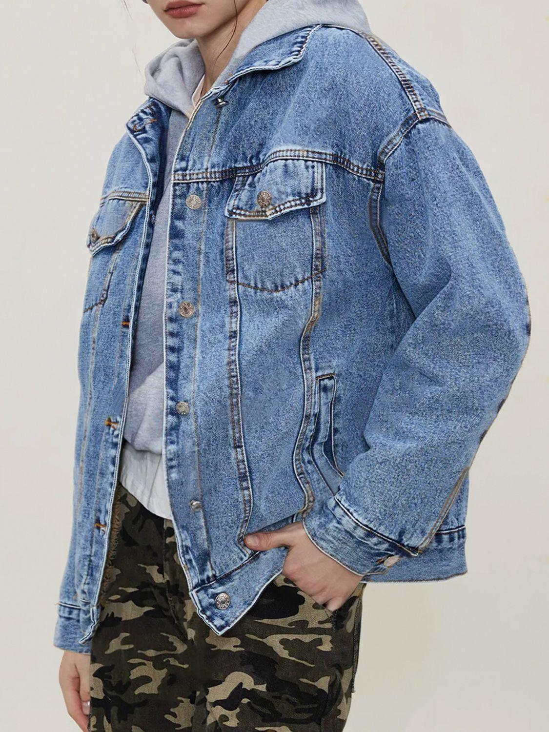 Button Up Collared Neck Long Sleeve Denim Jacket - Clothes For Her Online Store