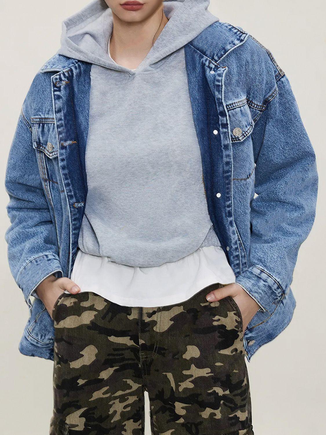 Button Up Collared Neck Long Sleeve Denim Jacket - Clothes For Her Online Store