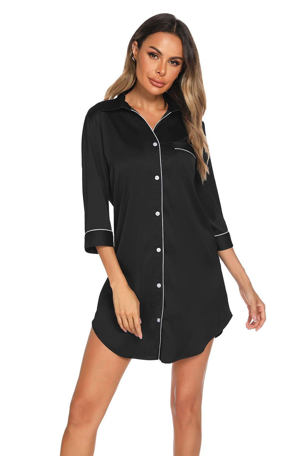 Button Up Collared Neck Night Dress with Pocket - Clothes For Her Online Store