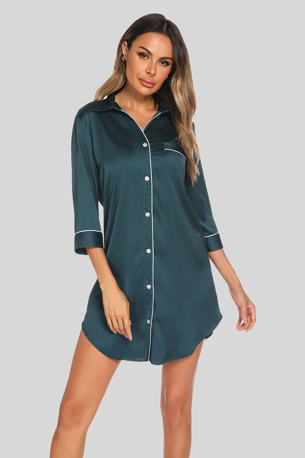 Button Up Collared Neck Night Dress with Pocket - Clothes For Her Online Store