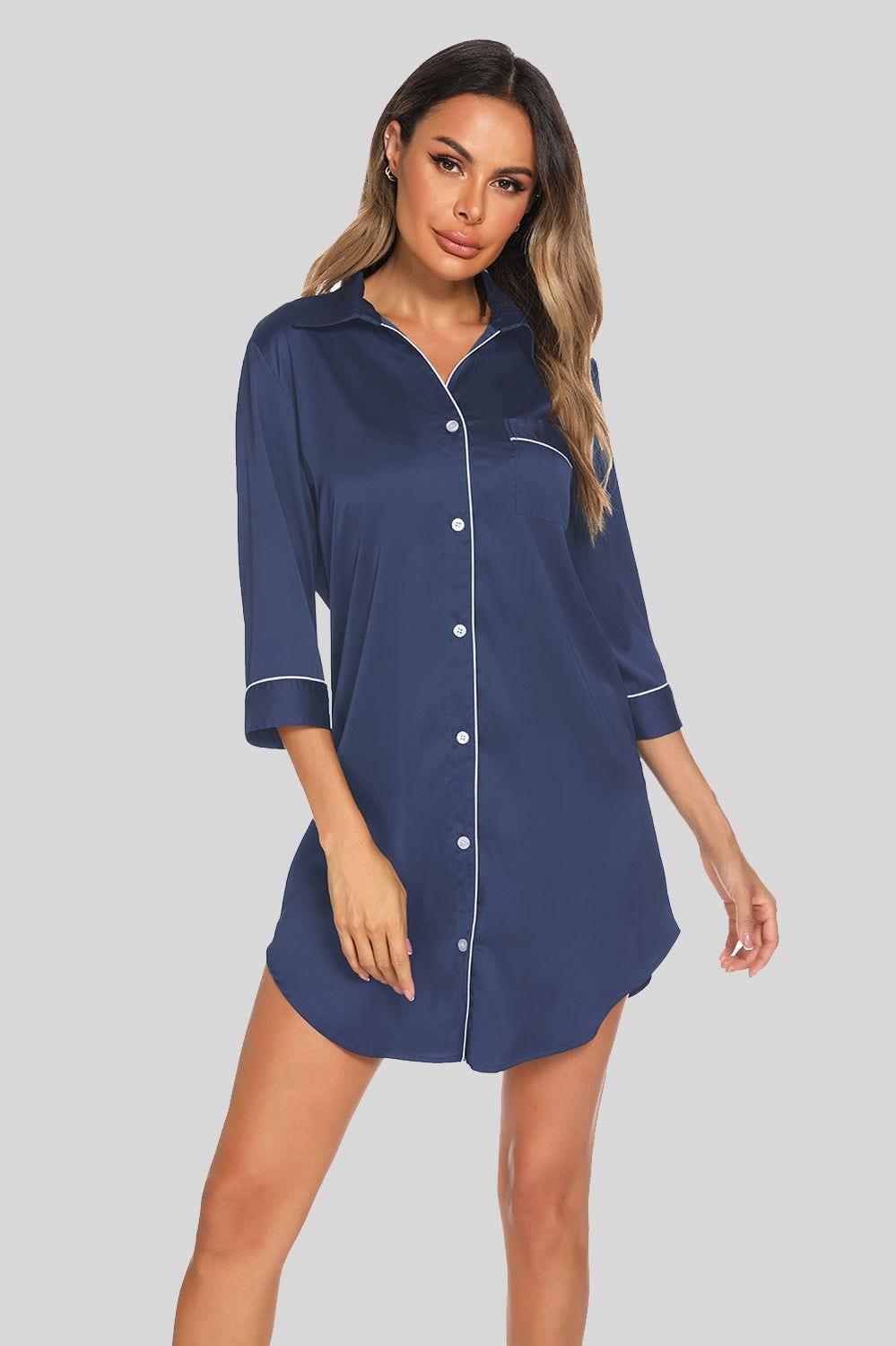 Button Up Collared Neck Night Dress with Pocket - Clothes For Her Online Store