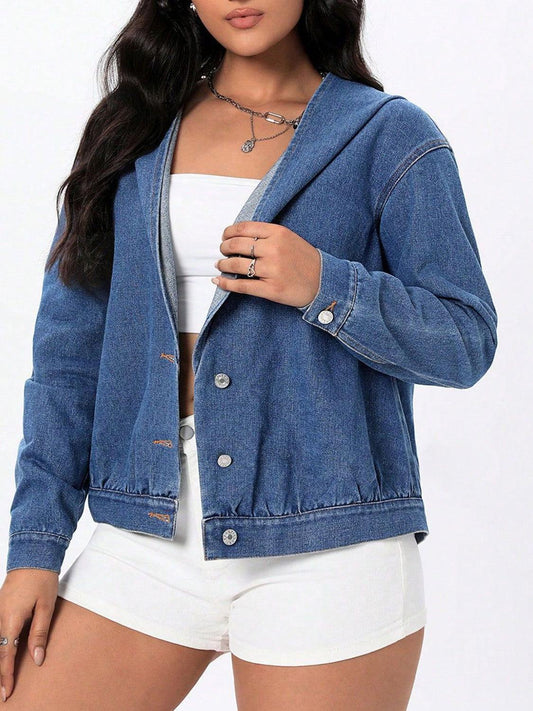 Button Up Hooded Denim Top - Clothes For Her Online Store