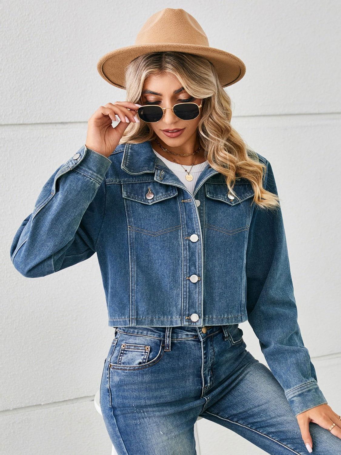 Button Up Long Sleeve Denim Jacket - Clothes For Her Online Store