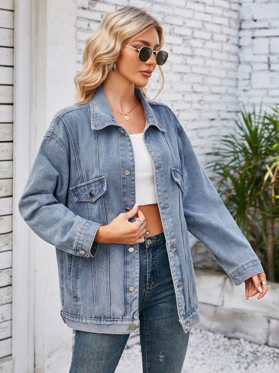 Button Up Long Sleeve Denim Jacket - Clothes For Her Online Store
